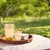 Refreshing lemonade and book on tray in a green garden