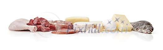 Selection of meat, cheese and fish with clipping path Selection of meat, cheese and fish with clipping path