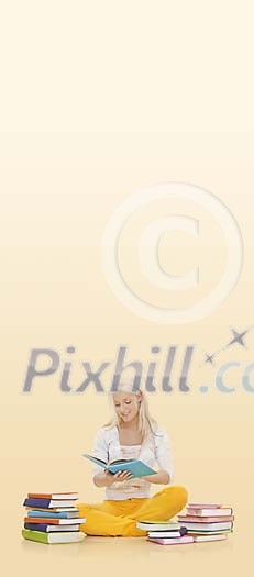 Girl sitting on floor surrounded by piles of books Girl sitting on floor surrounded by piles of books