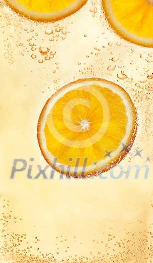 Fresh orange slices floating in bubbling liquid Fresh orange slices floating in bubbling liquid