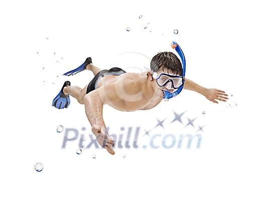 Caucasian male snorkeling in white space Caucasian male snorkeling in white space