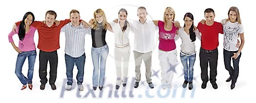 Ten people standing in row holding each others shoulders Ten people standing in row holding each others shoulders