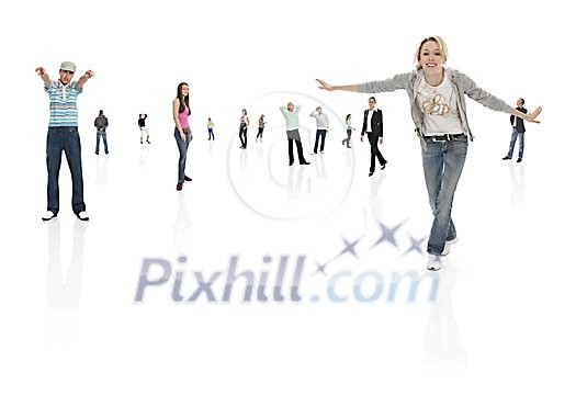 Big group of teenagers posing in large white space Big group of teenagers posing in large white space