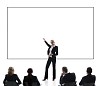 Business woman giving a presentation in front of an empty billboard