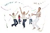 Group of happy people dancing in white space