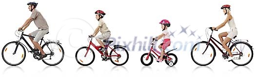 Family riding with their bikes in white space Family riding with their bikes in white space