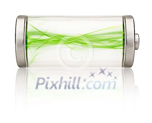 Glass battery with green flow inside Glass battery with green flow inside