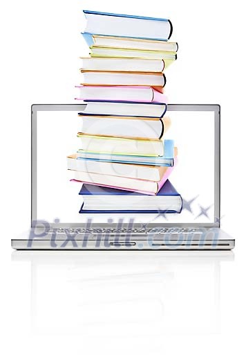 Clipped books coming out from the laptop screen Clipped books coming out from the laptop screen