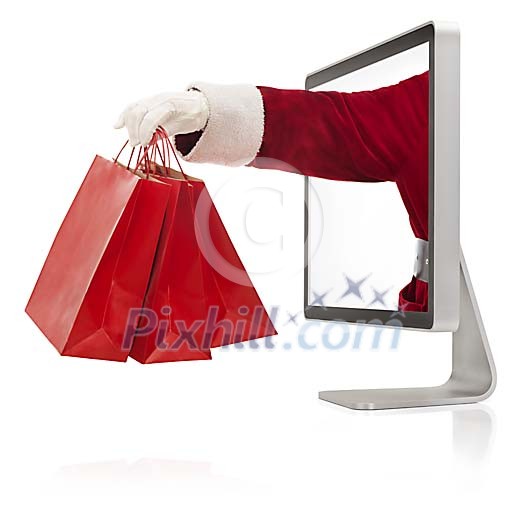 Clipped screen with santas hand coming out holding gift bags Clipped screen with santas hand coming out holding gift bags