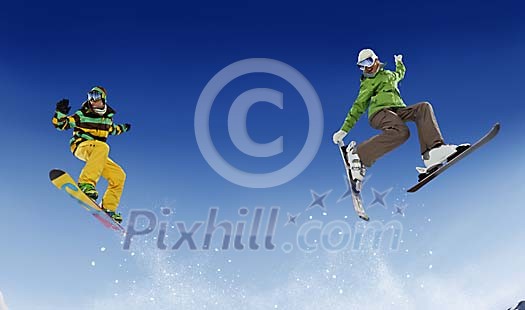 Pair skiing and snowboarding Pair skiing and snowboarding