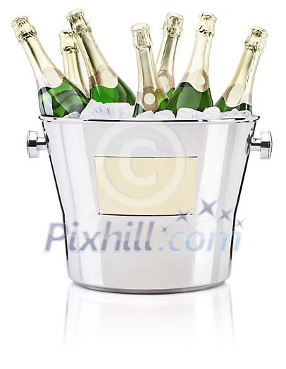 Seven Champagne bottles in one cooler