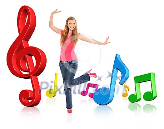 Woman dancing with colourful notes Woman dancing with colourful notes