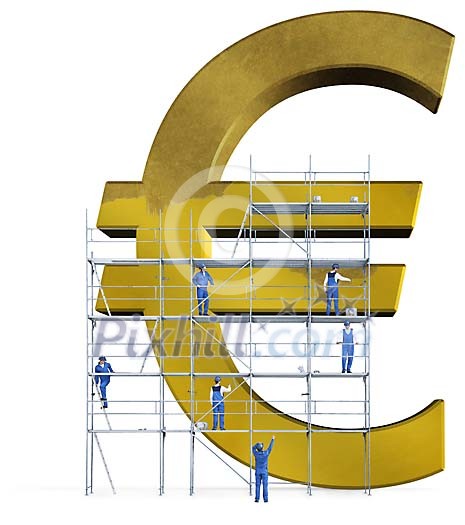 Men working on a huge euro sign Men working on a huge euro sign