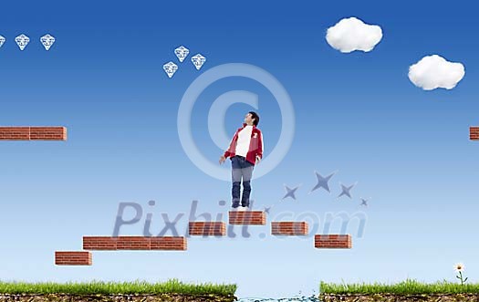Man standing on the bricks in the computer game Man standing on the bricks in the computer game