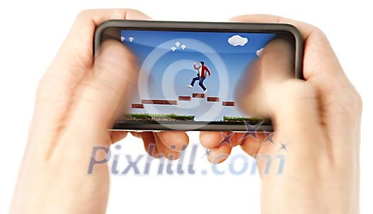 Person playing pocket game Person playing pocket game