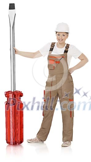 Clipped woman standing with oversized screwdriver Clipped woman standing with oversized screwdriver