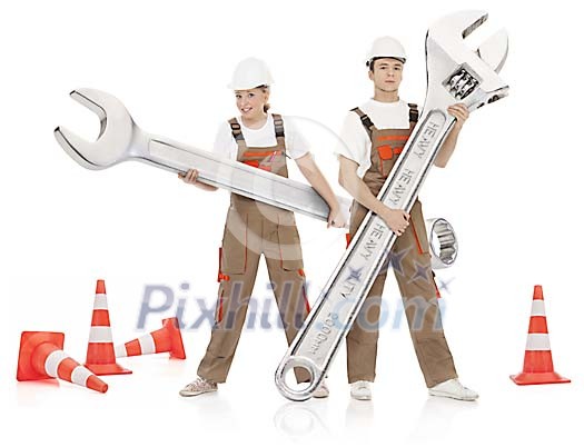 Clipped man and a woman with oversized tools Clipped man and a woman with oversized tools