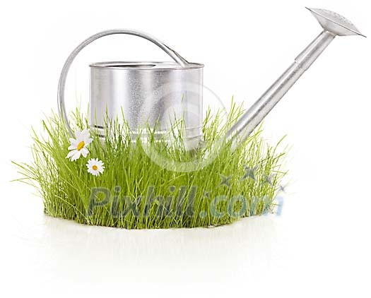 Gardening symbol with watering can on a grass island Gardening symbol with watering can on a grass island