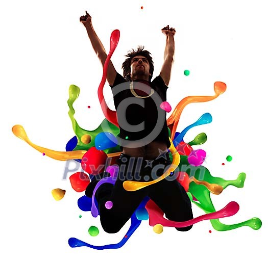 Clipped man jumping with splashes of coloured paint Clipped man jumping with splashes of coloured paint