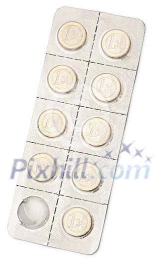 Euro coins packed in medicine package Euro coins packed in medicine package