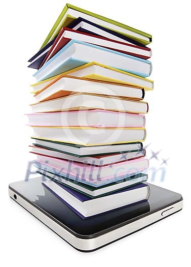 Pile of books on top of a digital tablet Pile of books on top of a digital tablet