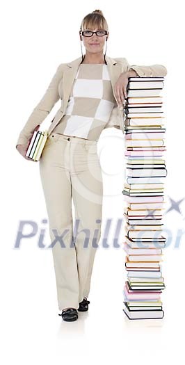 Clipped woman standing next to a tower of books Clipped woman standing next to a tower of books