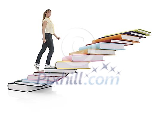 Woman climbing up stairs of books Woman climbing up stairs of books