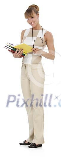 Clipped woman standing and reading books Clipped woman standing and reading books