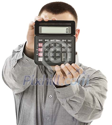Man holding a calculator in front of his face Man holding a calculator in front of his face
