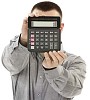 Man holding a calculator in front of his face