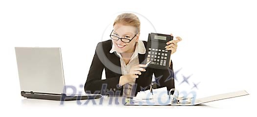 Businesswoman showing her calculator to camera Businesswoman showing her calculator to camera