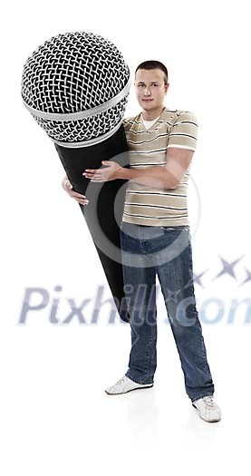 Male interviewer with oversized microphone Male interviewer with oversized microphone