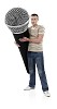 Male interviewer with oversized microphone