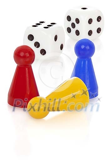 Boardgame pieces and dice Boardgame pieces and dice