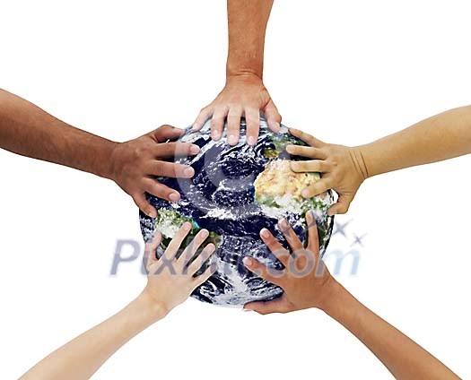 Different hands holding the earth