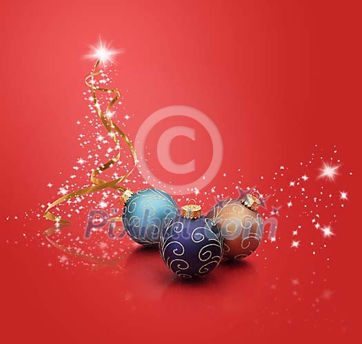 Christmas balls and a star shaped christmas tree on red Christmas balls and a star shaped christmas tree on red