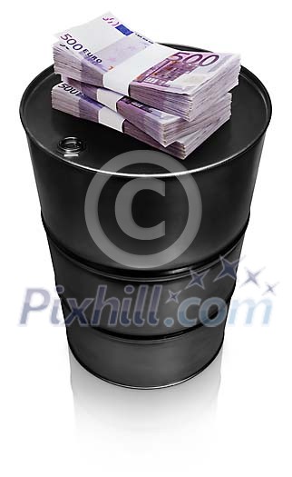 500 euro banknotes on top of oil barrel 500 euro banknotes on top of oil barrel