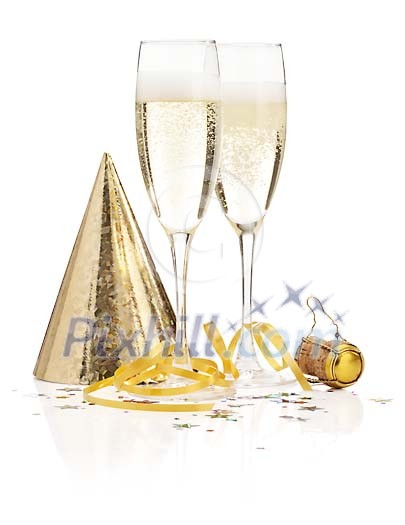 Party drinks and hat and stars and serpentine Party drinks and hat and stars and serpentine