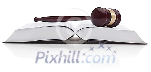 Wooden gavel laying on open law book Wooden gavel laying on open law book
