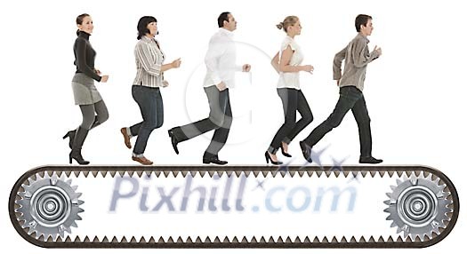 Isolated huge treadmill with people running on it Isolated huge treadmill with people running on it