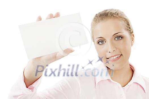 Isolated female worker showing a card Isolated female worker showing a card
