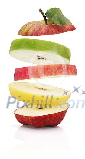 Different slices of apples coming down Different slices of apples coming down