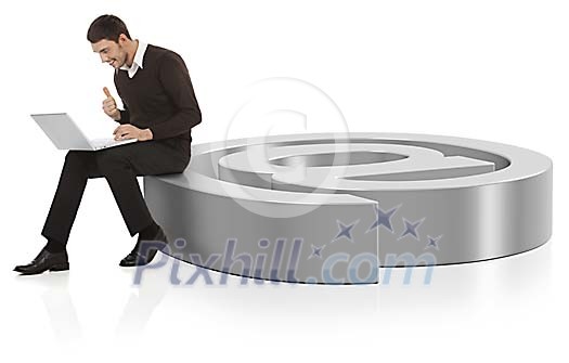 Happy man holding up thumbs whilst looking at laptop sitting on a symbol Happy man holding up thumbs whilst looking at laptop sitting on a symbol