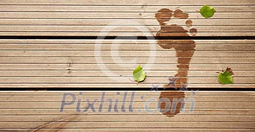 Wet footprint surrounded by young birch leaves on wooden surface Wet footprint surrounded by young birch leaves on wooden surface