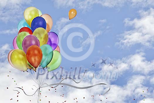 Balloons and serpentine between the clouds Balloons and serpentine between the clouds