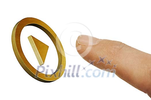 Index finger hitting floating golden 3d play button Index finger hitting floating golden 3d play button