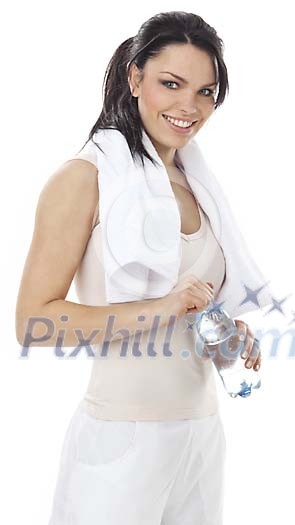 Woman with towel and water bottle Woman with towel and water bottle