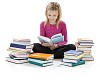 Isolated girl with loads of books on the floor