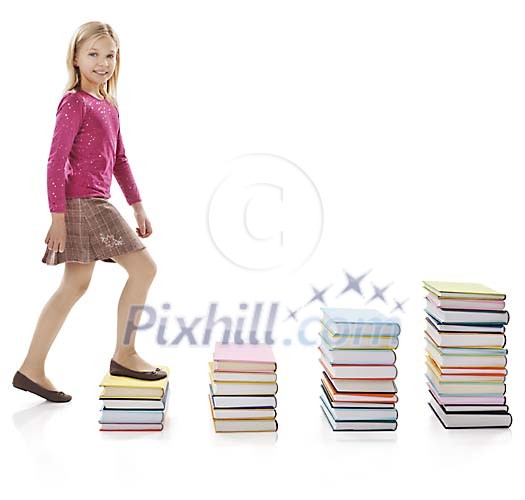 Isolated girl climbing piles of books Isolated girl climbing piles of books