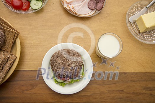 Breakfast set with sandwich and milk Breakfast set with sandwich and milk